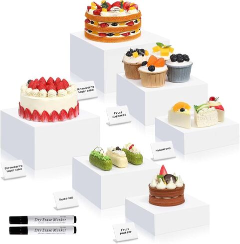 Blosssound 6 Pcs White Risers and 6 Display Signs 2 Markers Acrylic Food Risers Stands with Hollow Bottoms Cube Boxes Nesting Risers for Buffet Table Food Display Catering Dessert Collectibles Show in Saudi Arabia