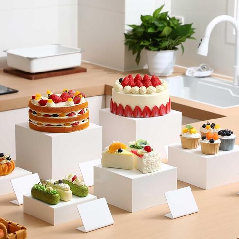 Blosssound 6 Pcs White Risers and 6 Display Signs 2 Markers Acrylic Food Risers Stands with Hollow Bottoms Cube Boxes Nesting Risers for Buffet Table Food Display Catering Dessert Collectibles Show in Saudi Arabia