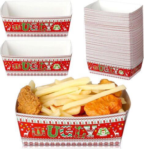 Nitial 50 Pcs Christmas Paper Food Trays Ugly Sweater Disposable Food Boats Xmas Food Serving Baskets Tray for Burger Fries Taco Hot Dog Popcorn Nachos Winter Holiday Christmas Party Supplies in Saudi Arabia