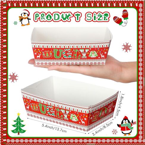 Nitial 50 Pcs Christmas Paper Food Trays Ugly Sweater Disposable Food Boats Xmas Food Serving Baskets Tray for Burger Fries Taco Hot Dog Popcorn Nachos Winter Holiday Christmas Party Supplies in Saudi Arabia