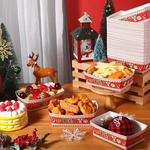 Nitial 50 Pcs Christmas Paper Food Trays Ugly Sweater Disposable Food Boats Xmas Food Serving Baskets Tray for Burger Fries Taco Hot Dog Popcorn Nachos Winter Holiday Christmas Party Supplies in Saudi Arabia