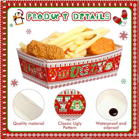Nitial 50 Pcs Christmas Paper Food Trays Ugly Sweater Disposable Food Boats Xmas Food Serving Baskets Tray for Burger Fries Taco Hot Dog Popcorn Nachos Winter Holiday Christmas Party Supplies in Saudi Arabia
