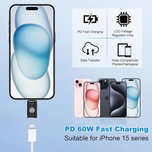 محول Aolcev USB C، محول L (أنثى) إلى USB C (ذكر) لسلسلة iPhone 15، محول شحن سريع 60 وات PD من النوع C لهاتف Samsung S24 Ultra S23 Fe S22+ Z Flip 5 Z Fold 5، محول USB C in Kuwait