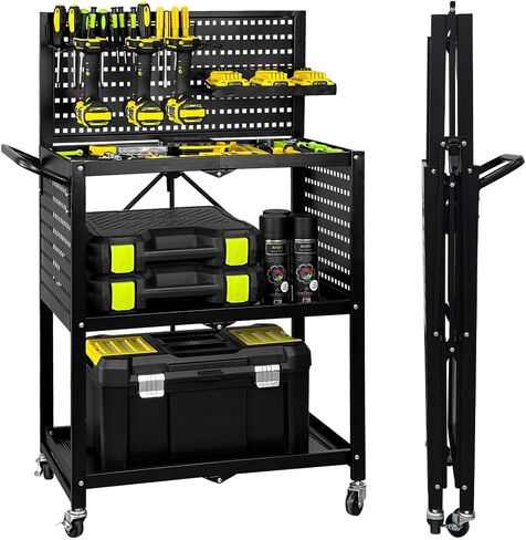 Lumizone 3-Tier Foldable Rolling Tool Cart with Wheels, Utility Cart with Pegboard for Garage Organizer and Tool Storage, Power Tool Storage Cart on Wheels (Tool Cart) in Saudi Arabia