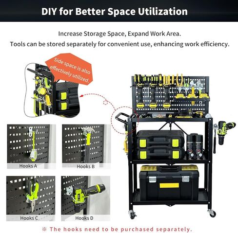 Lumizone 3-Tier Foldable Rolling Tool Cart with Wheels, Utility Cart with Pegboard for Garage Organizer and Tool Storage, Power Tool Storage Cart on Wheels (Tool Cart) in Saudi Arabia