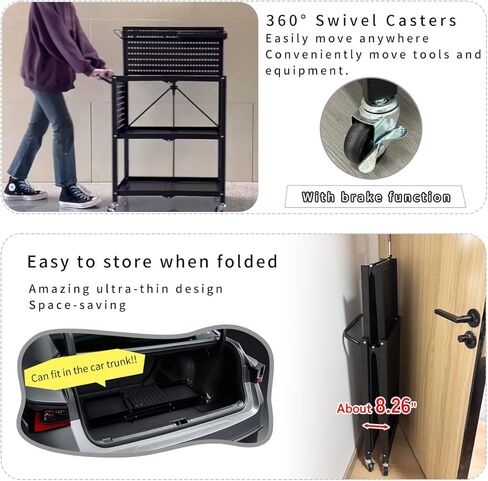 Lumizone 3-Tier Foldable Rolling Tool Cart with Wheels, Utility Cart with Pegboard for Garage Organizer and Tool Storage, Power Tool Storage Cart on Wheels (Tool Cart) in Saudi Arabia