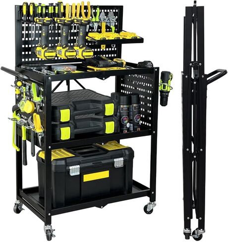 Lumizone 3-Tier Foldable Rolling Tool Cart with Wheels, Utility Cart with Pegboard for Garage Organizer and Tool Storage, Power Tool Storage Cart on Wheels (Tool Cart) in Saudi Arabia