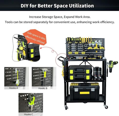 Lumizone 3-Tier Foldable Rolling Tool Cart with Wheels, Utility Cart with Pegboard for Garage Organizer and Tool Storage, Power Tool Storage Cart on Wheels (Tool Cart) in Saudi Arabia