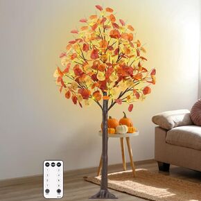 4Ft Fall Tree with Lights, 60 LEDs Artificial Fall Light Up Eucalyptus Tree with 180 Leaves, 8 Flashing Modes, Timing, Dimmable for Indoor Outdoor Autumn Harvest Thanksgiving Halloween Decor