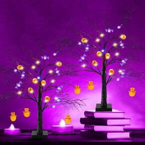 Black Halloween Tree Decor Light: 2 Pack 2 FT Lighted Spooky Decorations Trees with 48 LED Purple Bat Orange Pumpkin Lights Battery Operated Decoration Indoor Outdoor Room Home Table Party Ornaments