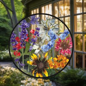 HOTIYOK Wildflowers Acrylic Window Hangings Purple Blue Landscape Stained Wall Decor, Ideal Housewarming Gift, Home Decor for Mom Grandma Wife Teacher