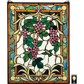 Design Toscano Stained Glass Panel - Fruit of the Vine Grape Stained Glass Window Hangings - Window Treatments, Grapes With Amber Border