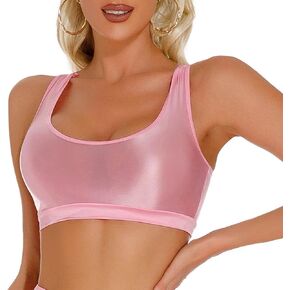 FEOYA Women Shiny Sports Bra Oil Glossy Crop Tank Top Seamless Racerback Bras for Workout Club Party