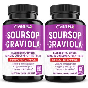 (عبوتان) كبسولات Soursop Graviola 9450 مجم - Soursop Graviola، البلسان، الكركمين الكركم - كمية تكفي 4 أشهر