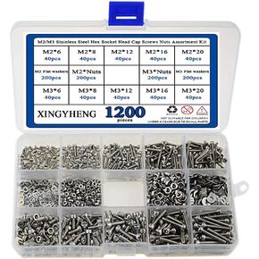 XINGYHENG 1200Pcs 304 Stainless Steel M2/M3 Stainless Steel Hex Socket Head Cap Screws Nuts Assortment Kit with Box
