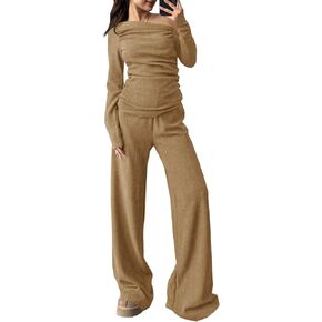 Tankaneo Womens Y2K 2 Piece Outfits Asymmetrical Long Sleeve Tops and Wide Leg Pants Fall Matching Sets
