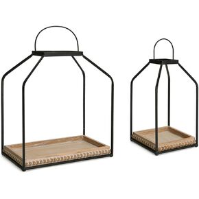 Wooden Beaded Candle Lantern Set of 2 Farmhouse Candle Holder Rustic Outdoor Decorative Candle Lantern Set for Weddings Living Room Fireplace Mantle Kitchen Dining Table - 13.39"/7.09"