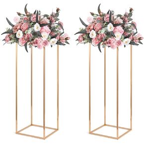 Gold Wedding Flower Stands, Set of 2 Metal Vases Column Geometric Wedding Table Display Centerpieces 31½ inches Tall Floral Decoration Holders for Wedding Party Decor