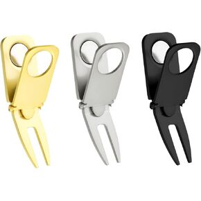 PATIKIL Magnetic Golf Divot Repair Tool, 3 Pcs 3 in 1 Golf Divot Tool Metal Golf Fork Accessory Curved Spit for Golf Golfer Men Women Repairing, Gold Silver Black
