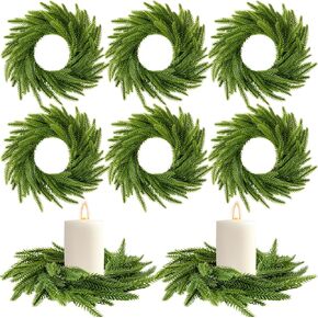 Dingion 6 Pcs Norfolk Pine Wreath Candle Ring Wreath 6 Inch Artificial Pillars Wedding Candle Wreaths Green Pine Candle Ring Ornament for Christmas Farmhouse Table Decoration Xmas Table Centerpiece