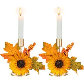 Sziqiqi Fall Candle Holder for Table Centerpieces: Gold Candlestcik Holder with Sunflower for Thanksgiving Taper Candles Holder for Dining Table Candle Sticks Holder Set of 2 for Mantel Fireplace