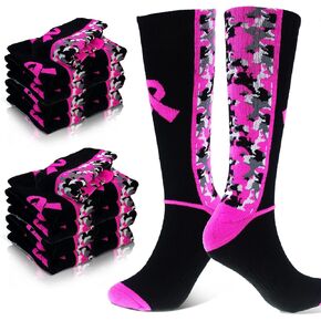 24 Pairs Breast Cancer Awareness Socks Bulk, Super Thick Pink Ribbon Football Socks for Events, Public Charity
