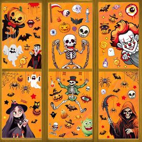6 Pcs Halloween Window Sticker Cling Horror Movie Character Window Decor Bat Ghost Spider Window Decorations for Glass Windows Halloween School Home Office Party Supplies, WW-175