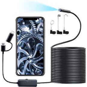 Endoscope Camera with Light, 1920P HD Borescope with 8 Lights, Borescope Inspection Snake Camera, IP67 Waterproof Inspection Camera 16.4FT semi-Rigid Snake Cord for Apple, Type-C, Android