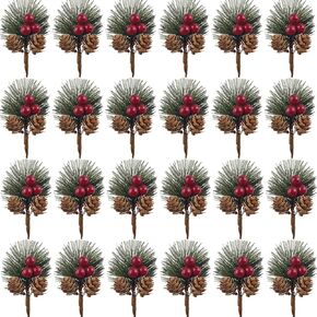TIHOOD 25PCS Artificial Pine Picks, Pine Needles Branches with Red Berry Stems, Small Fake Berries Pinecones Branches for Crafts Christmas Tree DIY Garland Holiday Wreath