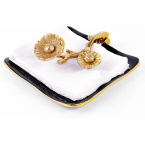 Bronze Gold Floral Napkin Holder Decor - Golden Brass Flower Detail & Black Reflective Tray, Paper Towel & Display Leaf, Two Tone for Weddings, Dinner Parties, Housewarming Gifts, Baroque Tray Basket