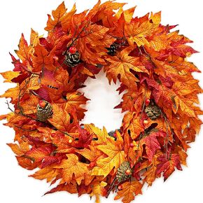 Fall Decor - 24" Fall Wreaths for Front Door, Fall Wreath with 3 Colors Maple Leafed 5 Real Pine Cones 4 Berried Branches Autumn Wreath for Thanksgiving Harvest Decor Indoor Outdoor Home Decorations