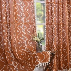 Terracotta Curtains 84 Inch Length Boho Farmhouse Curtains for Living Room 2 Panels, Linen Semi Sheer Vintage Farmhouse Printed Floral Curtains Burnt Orange Rustic Curtains Drapes
