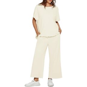 Glamaker Women's Two Piece Travel Lounge Outfits Matching Sets Crew Neck Pullover Tops Wide Leg Pants Airplane Outfits