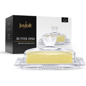 JoyJolt Clear Glass Butter Dish with Lid - Fancy Butter Stick Holder Wide Butter Dish for 4oz Sticks. Vintage-Style Covered Tray for Cute Farmhouse Butter Container Aesthetic.