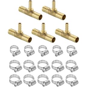 uxcell 2pcs Brass Tee Barb Fittings, 3-Ways Tee 5/8" x 3/8" x 5/8" Barbed Hose Reducer, Tee Brass Barb Fitting Reducer with 6pcs Hose Clamps for Water Fuel Air