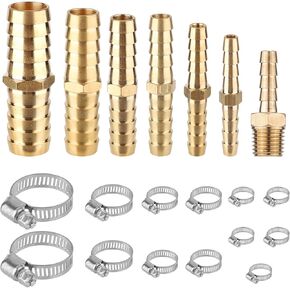 Air Hose Repair Kit, 7pcs Brass Connector 3/8 Barb to 1/4 with 13pcs Stainless Steel Pipe Clamp, Air Hose Line Fitting, Mender Splicer for Water Transport Pipeline Repairs Gas Connections