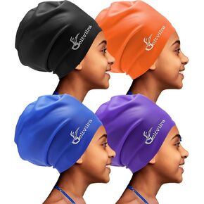 4 Pack Kids Extra Large Swim Cap for Long Thick Curly Hair, Waterproof Silicone Swimming Hat Hair Turban Protection Cover for Girls Aged 4 to 16 Boys Braids Dreadlocks Weaves Extensions Afros