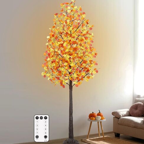 4Ft Fall Tree with Lights, 60 LEDs Artificial Fall Light Up Eucalyptus Tree with 180 Leaves, 8 Flashing Modes, Timing, Dimmable for Indoor Outdoor Autumn Harvest Thanksgiving Halloween Decor in Saudi Arabia