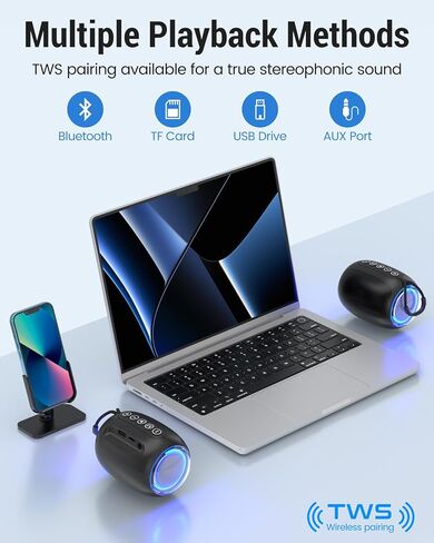 Portable Bluetooth Speaker with Crystal-Clear Stereo Sound, Built-in Microphone for Hands-Free Calling, 12 Hours Playtime, Support TWS Pairing, TF Card/USB Drive/AUX Line-in Playback in Kuwait