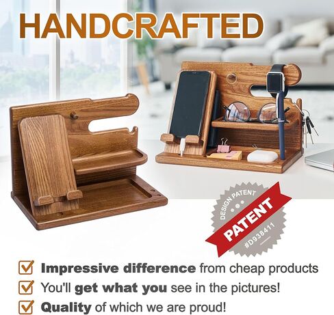TESLYAR Wood Phone Docking Station Ash Key Holder Stand Watch Organizer Men Gift Husband Wife Anniversary Dad Birthday Nightstand Purse Father Graduation Male Travel Idea Gadgets (Brown) in Kuwait