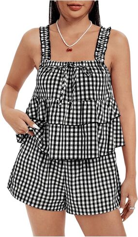 SHENHE Women's 2 Piece Outfits Cute Gingham Tiered Sets Ruffle Babydoll Cami top and Short Set in Saudi Arabia