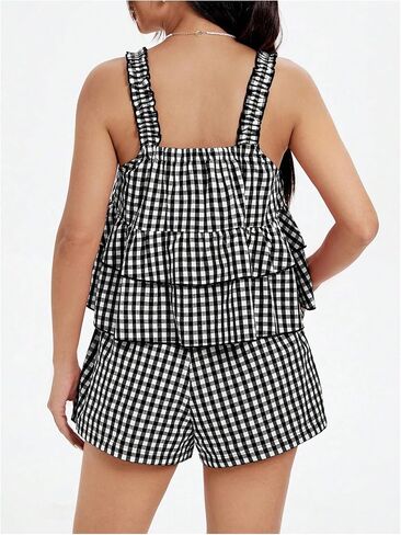 SHENHE Women's 2 Piece Outfits Cute Gingham Tiered Sets Ruffle Babydoll Cami top and Short Set in Saudi Arabia