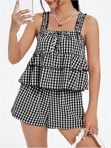 SHENHE Women's 2 Piece Outfits Cute Gingham Tiered Sets Ruffle Babydoll Cami top and Short Set in Saudi Arabia