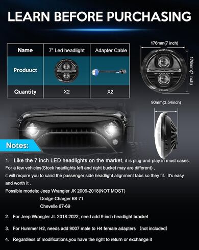 7 inch LED Headlight 2PCS Cool White High Low Beam Plug and Play 7" round Headlights H6024 LED Headlight DOT Approved Compatible with Jeep Wrangler JK TJ CJ, Truck SUV etc (Reflector (2pcs)) in Saudi Arabia