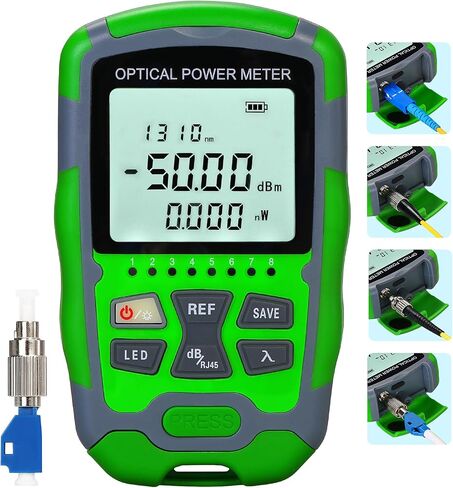 جهاز قياس طاقة الألياف الضوئية A-M5 -50+~26dbm جهاز اختبار كابل الوظائف 3 في 1 SC/FC/ST واجهة عالمية 10 طول موجي OPM مع جهاز اختبار شبكة RJ45 وإضاءة LED ومحول FC-LC (أخضر) in Kuwait
