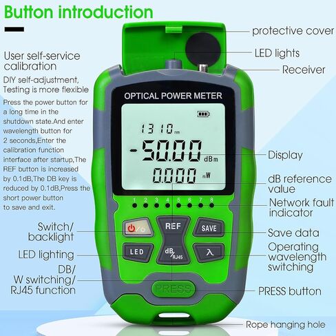 جهاز قياس طاقة الألياف الضوئية A-M5 -50+~26dbm جهاز اختبار كابل الوظائف 3 في 1 SC/FC/ST واجهة عالمية 10 طول موجي OPM مع جهاز اختبار شبكة RJ45 وإضاءة LED ومحول FC-LC (أخضر) in Kuwait