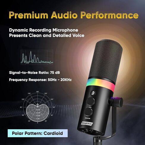 XLR/USB Dynamic Microphone with RGB Light, Headphone Jack, Mute Button, Volume Control, Desktop Stand, Metal Cardioid Mic for Podcasting, Live Streaming, Gaming, Recoding, Vocal Voice-Over in Kuwait