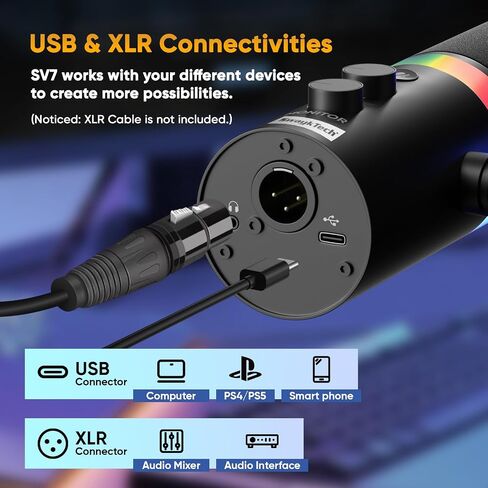 XLR/USB Dynamic Microphone with RGB Light, Headphone Jack, Mute Button, Volume Control, Desktop Stand, Metal Cardioid Mic for Podcasting, Live Streaming, Gaming, Recoding, Vocal Voice-Over in Kuwait