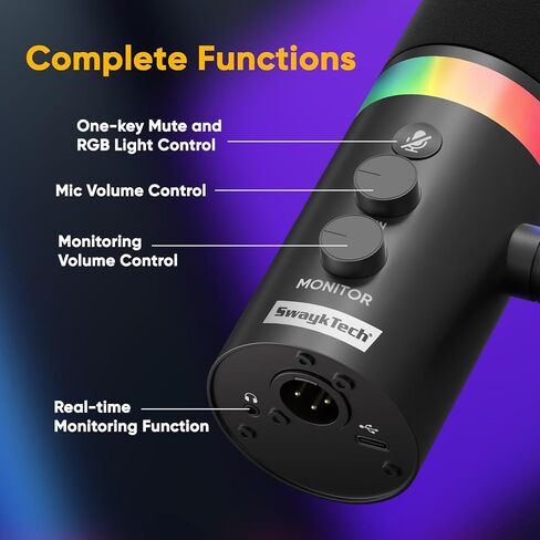 XLR/USB Dynamic Microphone with RGB Light, Headphone Jack, Mute Button, Volume Control, Desktop Stand, Metal Cardioid Mic for Podcasting, Live Streaming, Gaming, Recoding, Vocal Voice-Over in Kuwait