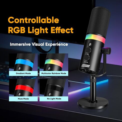 XLR/USB Dynamic Microphone with RGB Light, Headphone Jack, Mute Button, Volume Control, Desktop Stand, Metal Cardioid Mic for Podcasting, Live Streaming, Gaming, Recoding, Vocal Voice-Over in Kuwait